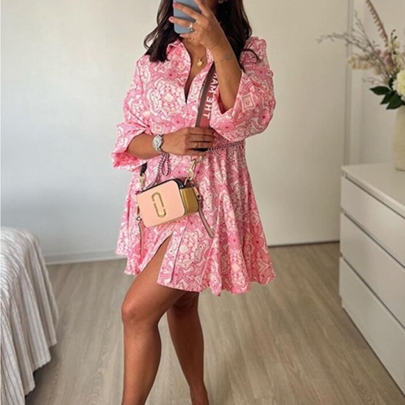 Pink Belted Button Front Long Sleeve Flared Short Dress - Picture 13 of 16